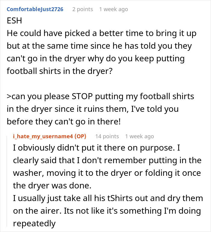 Reddit conversation about laundry issues and misplaced football shirts causing tension after surgery. Reddit conversation about laundry issues and misplaced football shirts causing tension after surgery.