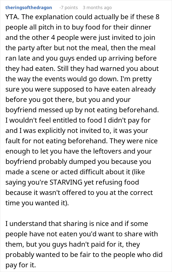 Reddit post discussing group of friends sharing leftovers with guests at a meal. Reddit post discussing group of friends sharing leftovers with guests at a meal.