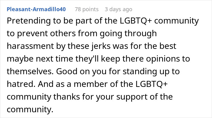 Text exchange discussing support against harassment and homophobic jerks, praising solidarity with the LGBTQ+ community. Text exchange discussing support against harassment and homophobic jerks, praising solidarity with the LGBTQ+ community.