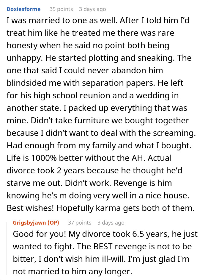 Reddit comments about a woman's divorce and moving out, discussing personal experiences of separation and revenge. Reddit comments about a woman's divorce and moving out, discussing personal experiences of separation and revenge.