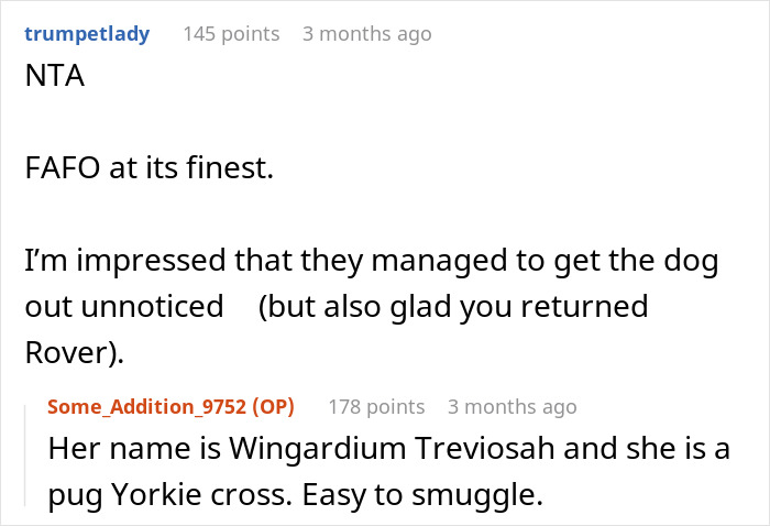 Reddit comments discussing kids smuggling a dog, a pug Yorkie cross, from a house. Reddit comments discussing kids smuggling a dog, a pug Yorkie cross, from a house.
