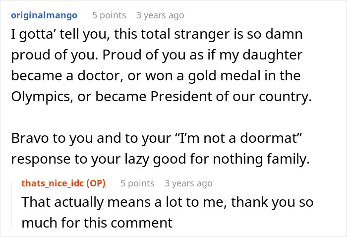 Reddit conversation praising the daughter's refusal to babysit without being asked first. Reddit conversation praising the daughter's refusal to babysit without being asked first.