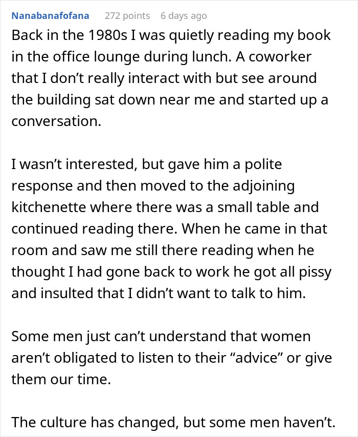 Paragraph recounting a woman shocked by a coworker's audacity in interrupting her reading during lunch in the 1980s. Paragraph recounting a woman shocked by a coworker's audacity in interrupting her reading during lunch in the 1980s.