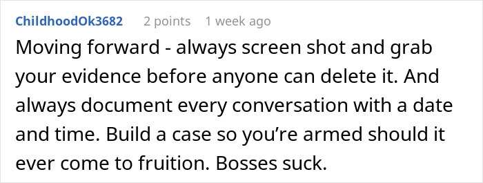 Comment advising to screenshot evidence in group chats for protection against managers' patronizing behavior. Comment advising to screenshot evidence in group chats for protection against managers' patronizing behavior.