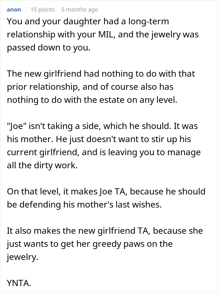 Text conversation about stepdaughter’s mom refusing jewelry demand from boyfriend’s new girlfriend. Text conversation about stepdaughter’s mom refusing jewelry demand from boyfriend’s new girlfriend.