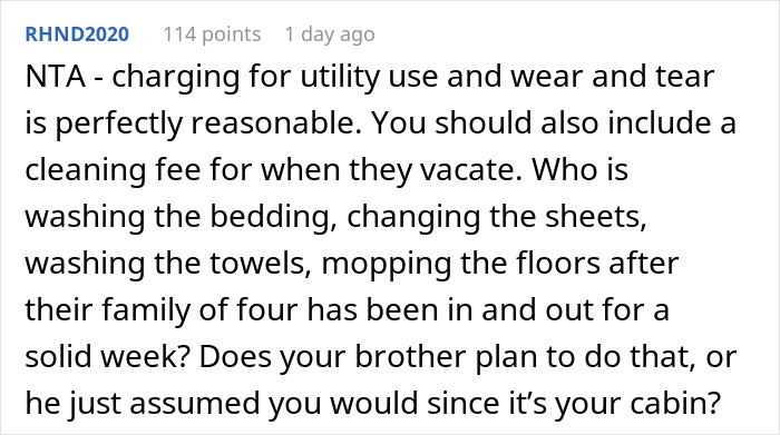 Reddit comment discussing charging family for cabin use and cleaning responsibilities. Reddit comment discussing charging family for cabin use and cleaning responsibilities.