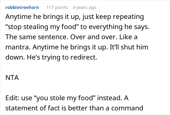 Text from a forum discussing strategies to confront a roommate stealing food, ending with "NTA" and an edit suggestion. Text from a forum discussing strategies to confront a roommate stealing food, ending with "NTA" and an edit suggestion.