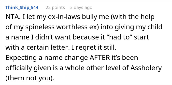 Reddit comment about family conflict over a baby's controversial name choice. Reddit comment about family conflict over a baby's controversial name choice.