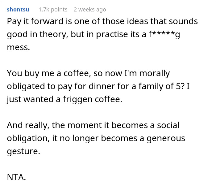 Text about declining "pay it forward" chain, questioning social obligation versus genuine generosity. Text about declining "pay it forward" chain, questioning social obligation versus genuine generosity.