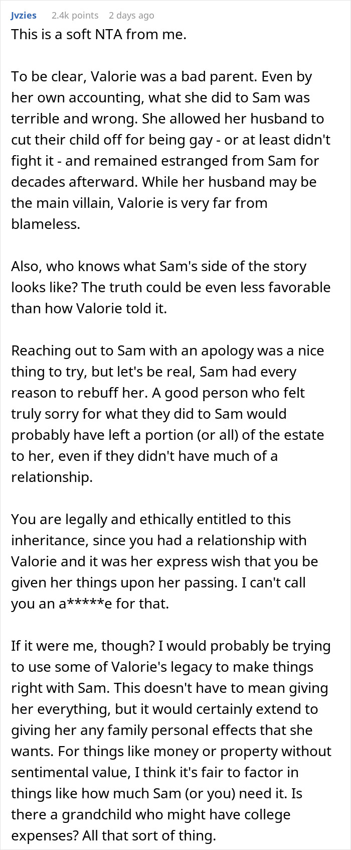 Reddit comment discussing inheritance and ethical considerations with a friend’s daughter. Reddit comment discussing inheritance and ethical considerations with a friend’s daughter.