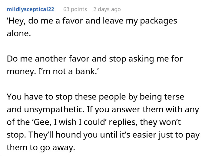 Text exchange about neighbor's frustration with package handling and repeated loan requests. Text exchange about neighbor's frustration with package handling and repeated loan requests.