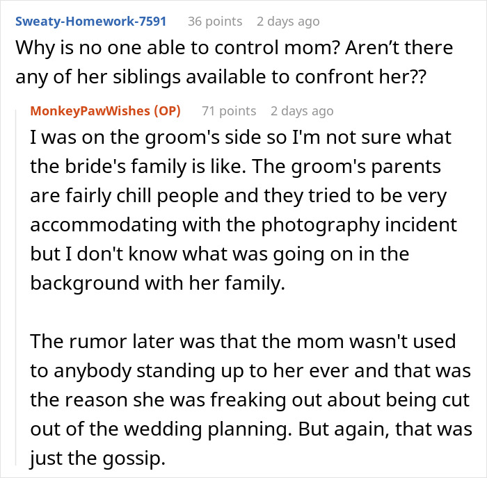 Reddit comments discussing MIL's attempt to get attention at a wedding, with responses about family dynamics. Reddit comments discussing MIL's attempt to get attention at a wedding, with responses about family dynamics.