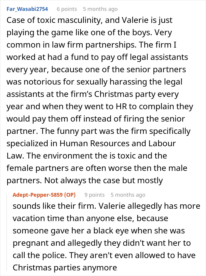 Reddit comment discussing toxic masculinity and HR issues in law firms. Reddit comment discussing toxic masculinity and HR issues in law firms.