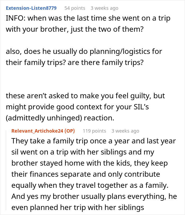Text comments discussing a brother gifting his sister a birthday trip, and the wife's reaction for not being thanked for babysitting. Text comments discussing a brother gifting his sister a birthday trip, and the wife's reaction for not being thanked for babysitting.