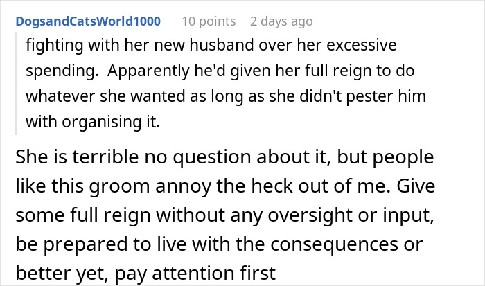 Reddit comment about bridezilla and her excessive spending, reflecting on wedding refund aftermath. Reddit comment about bridezilla and her excessive spending, reflecting on wedding refund aftermath.
