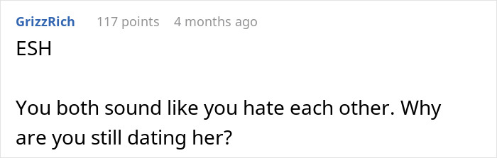 Reddit comment questioning a relationship, mentioning "ESH," suggesting mutual dislike. Reddit comment questioning a relationship, mentioning "ESH," suggesting mutual dislike.