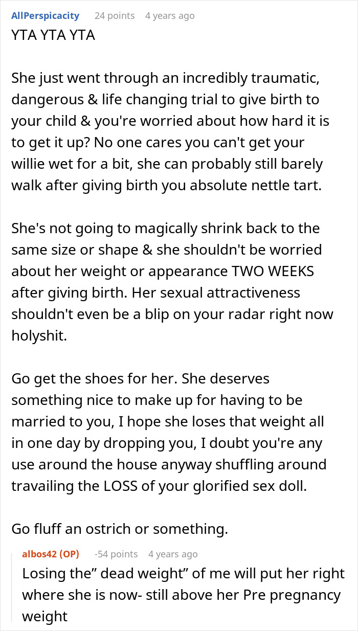 Comment criticizing a husband about his returning wife's shoes and post-birth struggles. Comment criticizing a husband about his returning wife's shoes and post-birth struggles.