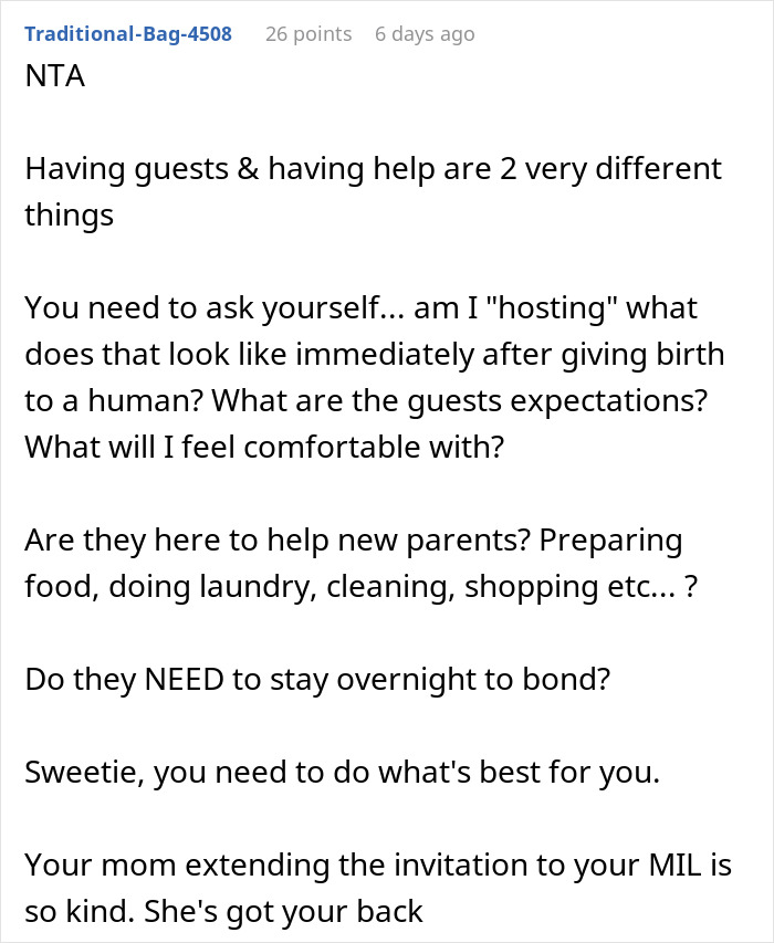 Screenshot of a Reddit comment discussing boundaries for guests after childbirth, focusing on help versus hosting. Screenshot of a Reddit comment discussing boundaries for guests after childbirth, focusing on help versus hosting.