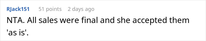 Reddit comment discussing sales finality in response to a "Bridezilla" seeking refunds post-wedding. Reddit comment discussing sales finality in response to a "Bridezilla" seeking refunds post-wedding.