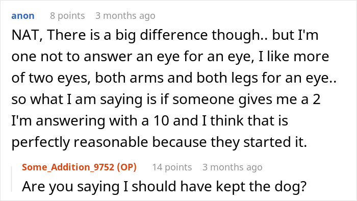 Comment exchange discussing revenge tactics, with one user justifying extreme responses. Comment exchange discussing revenge tactics, with one user justifying extreme responses.