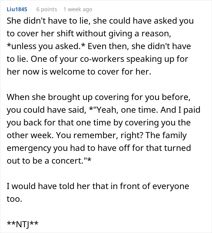 Text conversation discussing a restaurant worker covering a shift for a coworker's concert. Text conversation discussing a restaurant worker covering a shift for a coworker's concert.