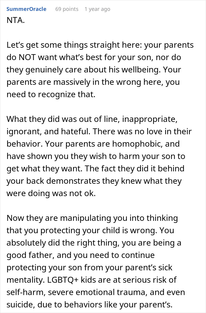 Reddit comment defending a son targeted for being gay; mentions parents’ homophobic actions. Reddit comment defending a son targeted for being gay; mentions parents’ homophobic actions.
