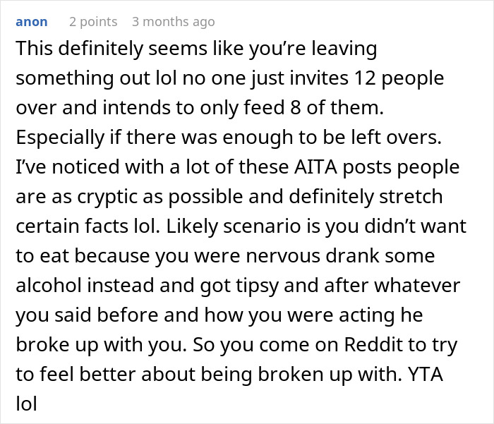 Comment discussing a situation about friends eating leftovers and questioning the host's actions at a gathering. Comment discussing a situation about friends eating leftovers and questioning the host's actions at a gathering.