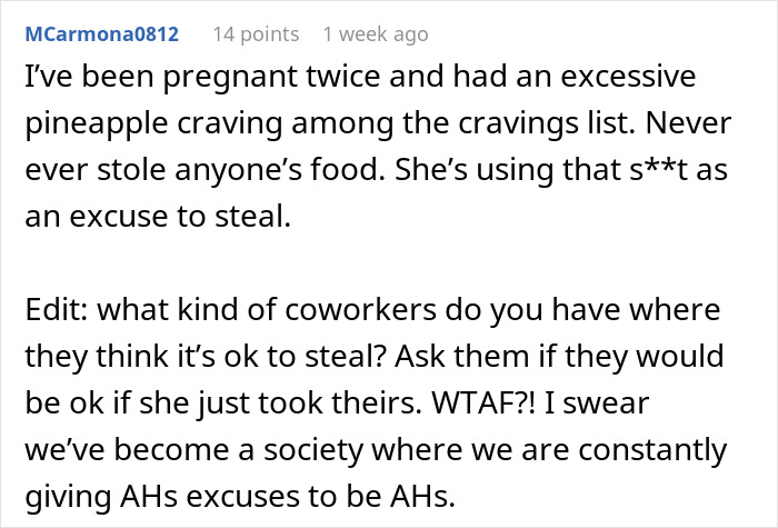 Text screenshot discussing pregnant coworker's actions and addressing food theft. Text screenshot discussing pregnant coworker's actions and addressing food theft.