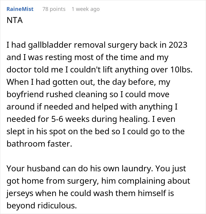 Online comment about a husband complaining over laundry after wife returned home from surgery, sparking frustration. Online comment about a husband complaining over laundry after wife returned home from surgery, sparking frustration.