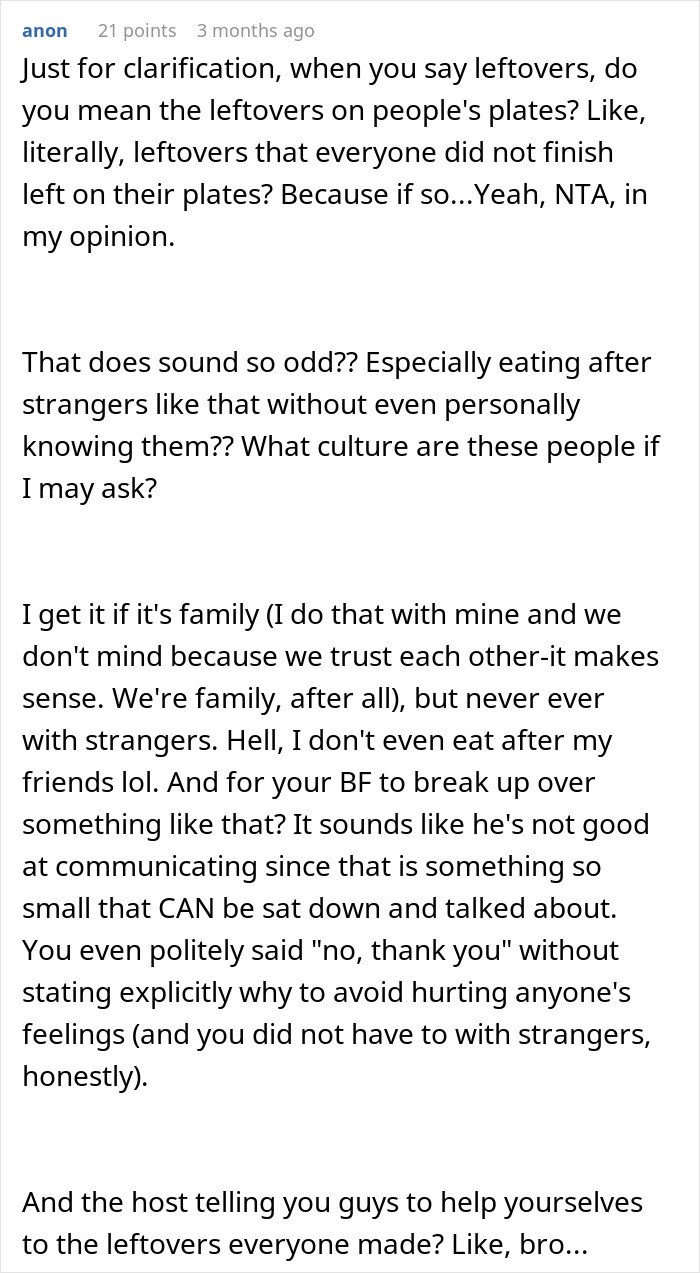 Text comments discussing friends eating leftovers, questioning cultural norms and communication issues. Text comments discussing friends eating leftovers, questioning cultural norms and communication issues.