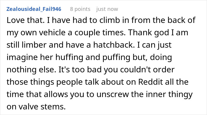 Reddit comment discussing parking issues with HOA chair's wife and a humorous take on car access challenges. Reddit comment discussing parking issues with HOA chair's wife and a humorous take on car access challenges.