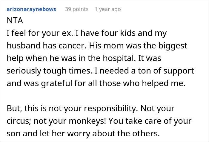 Reddit comment discussing babysitting ex's kids, emphasizing personal responsibility. Reddit comment discussing babysitting ex's kids, emphasizing personal responsibility.