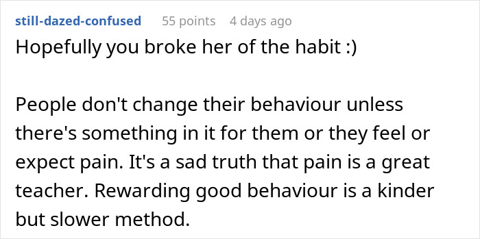Reddit comment discussing behavior change and pain as a teacher. Reddit comment discussing behavior change and pain as a teacher.
