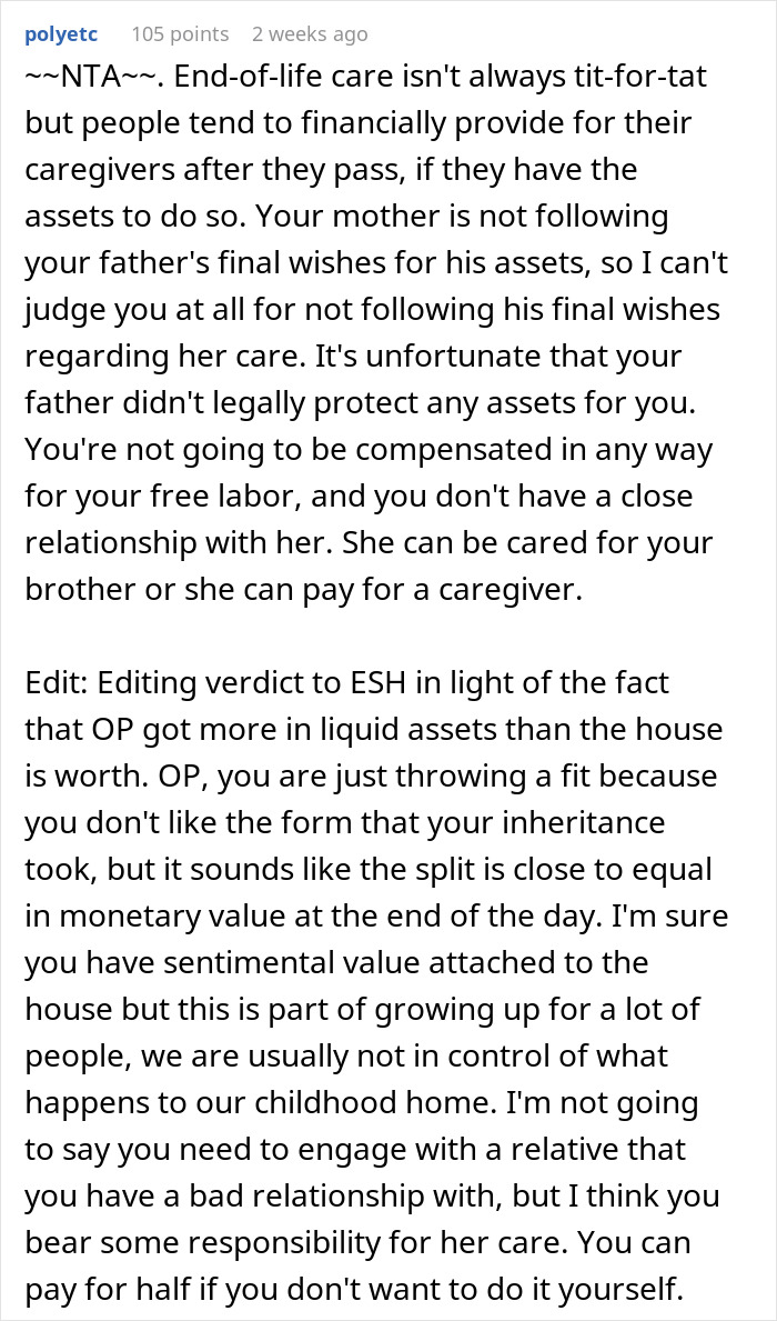 Reddit comment discussing a woman whose mother will leave most assets to her brother and the implications on their relationship. Reddit comment discussing a woman whose mother will leave most assets to her brother and the implications on their relationship.