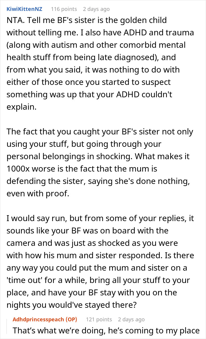 Reddit comments discussing evidence of boyfriend's sister stealing, with users sharing advice and experiences. Reddit comments discussing evidence of boyfriend's sister stealing, with users sharing advice and experiences.