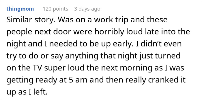 Hotel room neighbors party loudly at night, prompting an early wake-up call via a blasting TV at 5 am. Hotel room neighbors party loudly at night, prompting an early wake-up call via a blasting TV at 5 am.