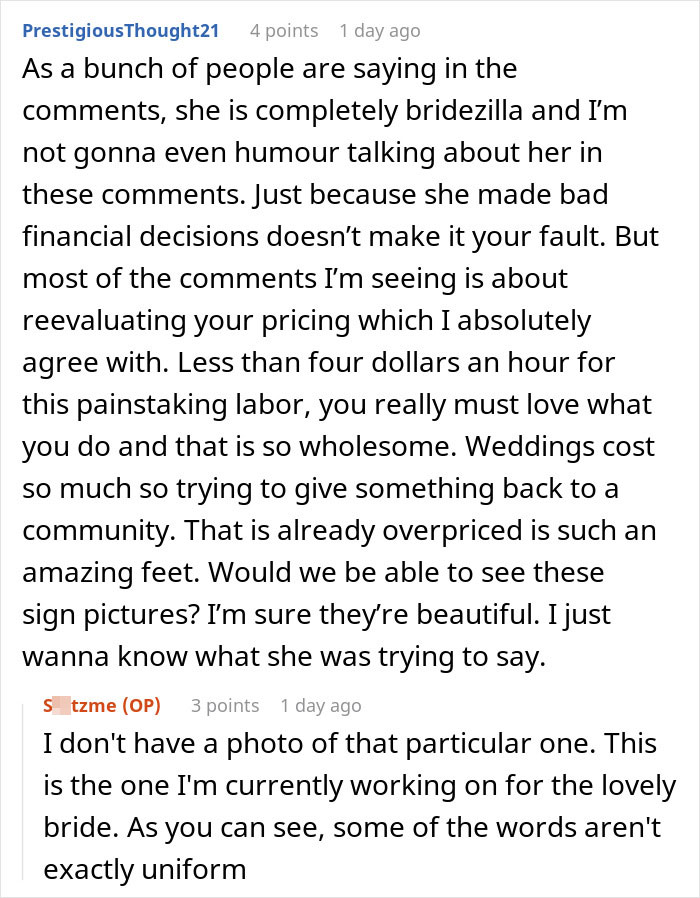Text comments discussing a bridezilla's refund request and vendor pricing after a wedding. Text comments discussing a bridezilla's refund request and vendor pricing after a wedding.