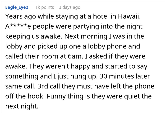 Text post about hotel room neighbors woken up after a night of partying. Text post about hotel room neighbors woken up after a night of partying.