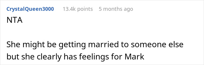 Reddit comment discussing a woman with feelings for someone else while marrying another, suggesting drama in an engagement. Reddit comment discussing a woman with feelings for someone else while marrying another, suggesting drama in an engagement.