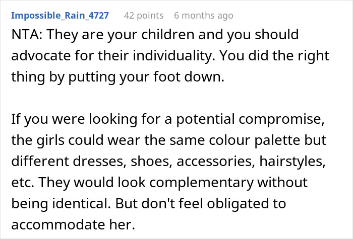 Text discusses advocating individuality in children, offering a compromise for dressing twins differently yet complementarily. Text discusses advocating individuality in children, offering a compromise for dressing twins differently yet complementarily.