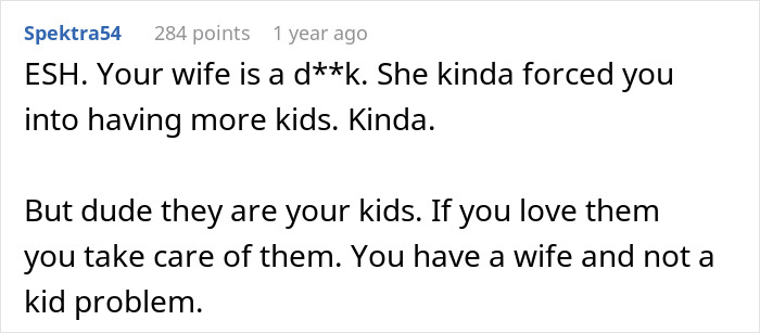 Comment on Reddit discussing a dad refusing help with twins due to vasectomy disagreement. Comment on Reddit discussing a dad refusing help with twins due to vasectomy disagreement.