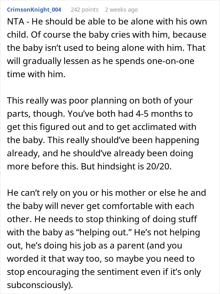 Text from a Reddit user advises husband to care for infant alone to bond and gain parenting confidence. Text from a Reddit user advises husband to care for infant alone to bond and gain parenting confidence.