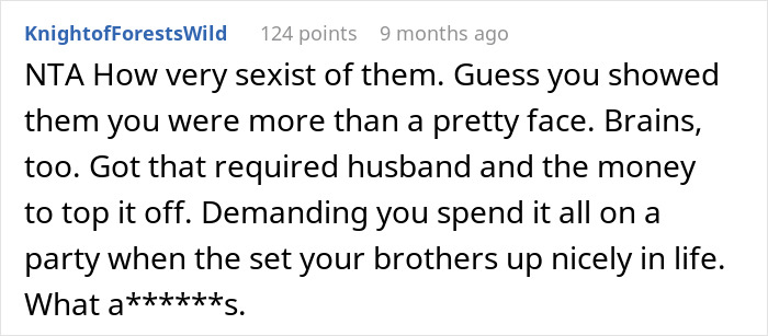 Reddit comment discussing parents' money and wedding elopement from KnightofForestsWild. Reddit comment discussing parents' money and wedding elopement from KnightofForestsWild.