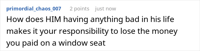 Comment questioning responsibility over losing a window seat payment. Comment questioning responsibility over losing a window seat payment.