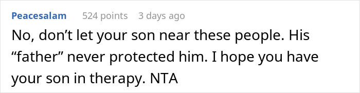 Comment discussing family BBQ conflict with stepsiblings, advising son to stay away and seek therapy. Comment discussing family BBQ conflict with stepsiblings, advising son to stay away and seek therapy.