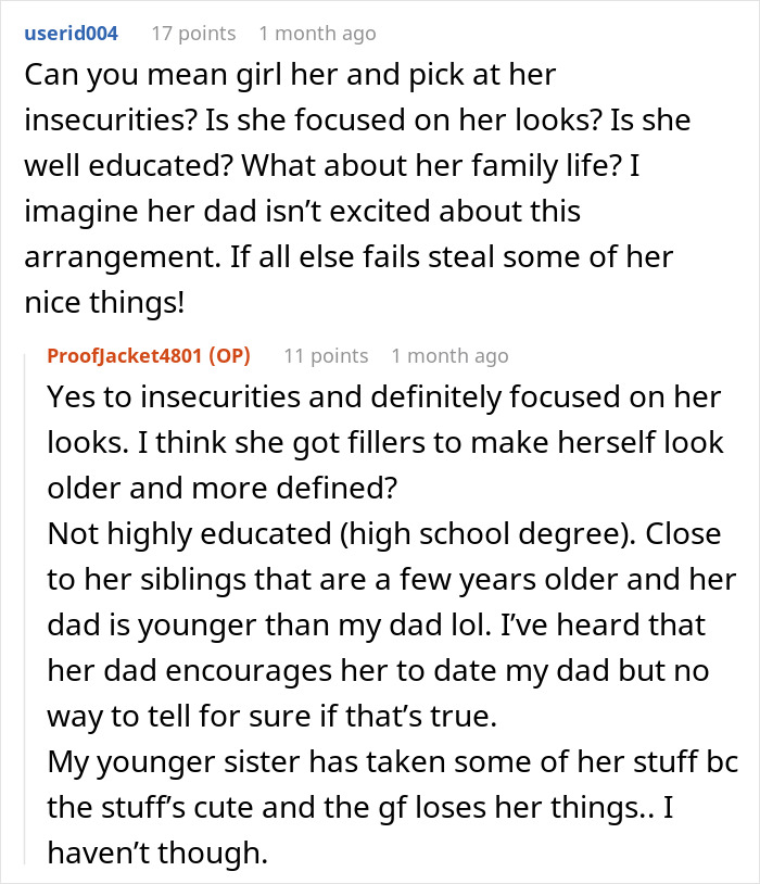 Text exchange discussing issues about a dad's young girlfriend, focused on insecurities and education. Text exchange discussing issues about a dad's young girlfriend, focused on insecurities and education.
