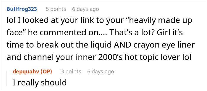 Screenshot of a conversation about a coworker's audacity, mentioning makeup tips and a response agreeing. Screenshot of a conversation about a coworker's audacity, mentioning makeup tips and a response agreeing.