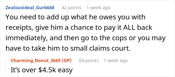 Reddit comments about a situation where a man steals his roommate's rent money, discussing potential legal actions. Reddit comments about a situation where a man steals his roommate's rent money, discussing potential legal actions.