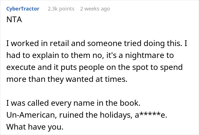 Reddit comment about refusing a "pay it forward" chain, detailing a retail experience. Reddit comment about refusing a "pay it forward" chain, detailing a retail experience.