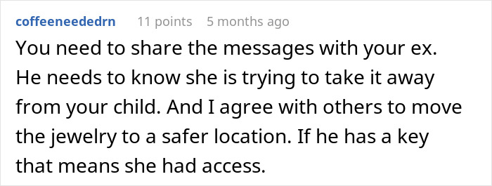 Reddit comment advising to share messages about jewelry and ensure safe keeping. Reddit comment advising to share messages about jewelry and ensure safe keeping.